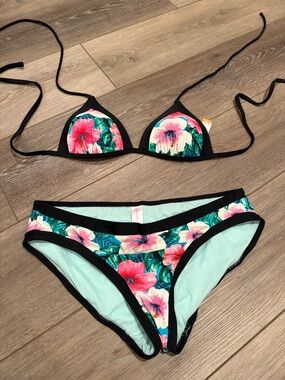 Floral Triangle Bikini Set in Aqua and Pink - Women Swim